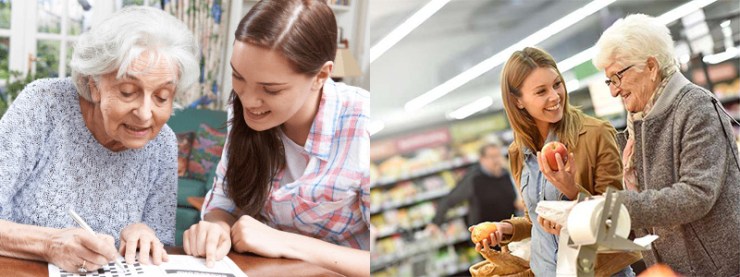 Older woman doing a crossword puzzle with companion; companion shopping with older woman